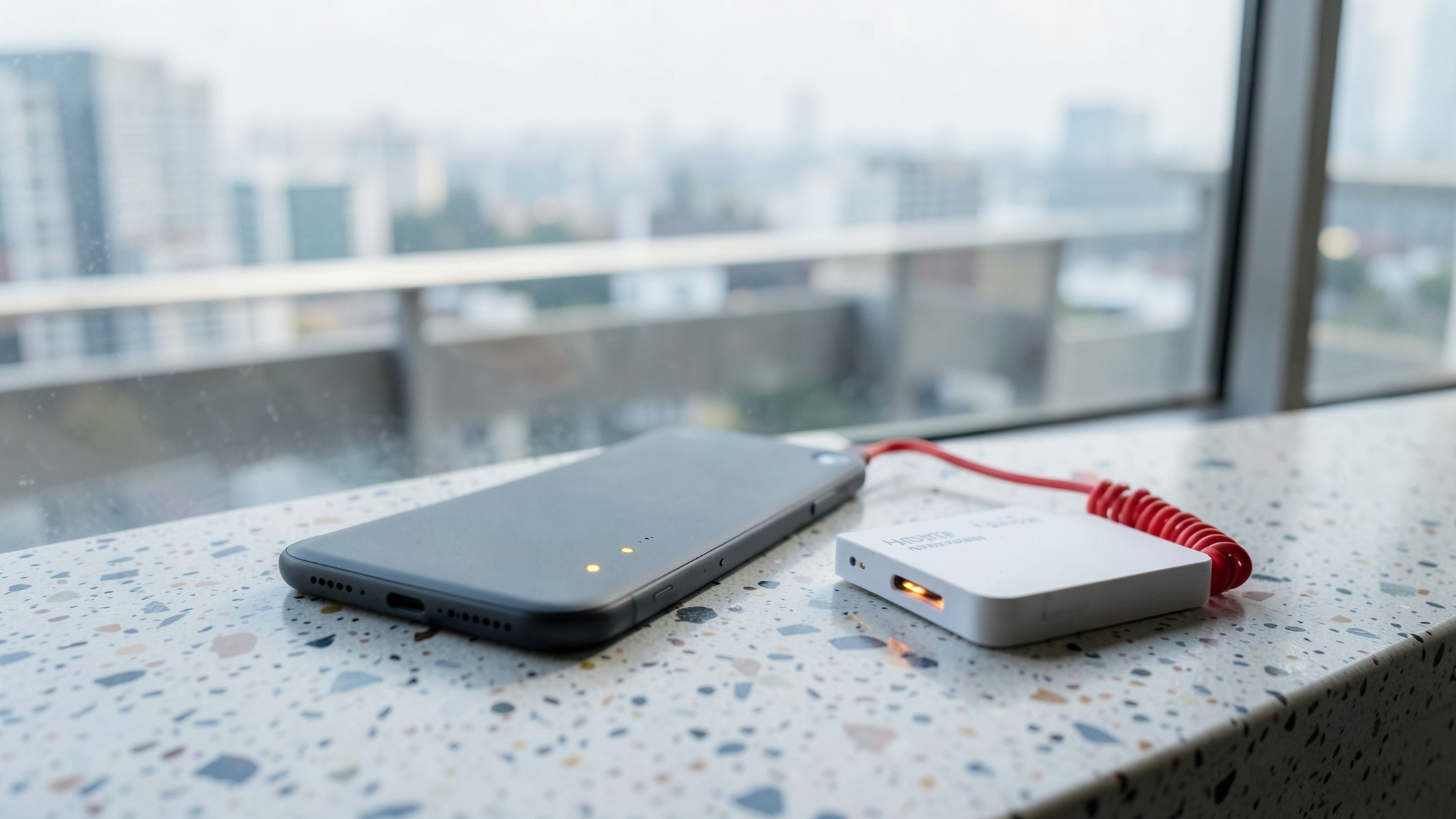 A dark grey smartphone and compact white portable travel router sitting on a stone windowsill in soft morning daylight.