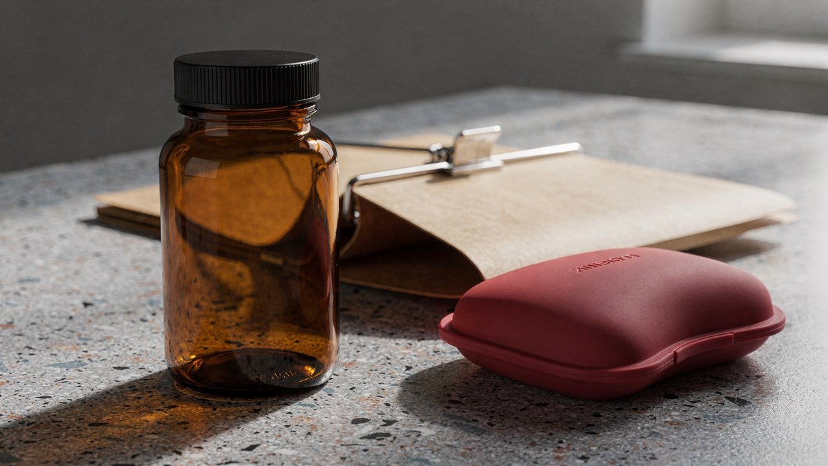 An amber glass medicine bottle and a manila document folder secured with a steel clip sit on a speckled bedside tray in soft morning light.