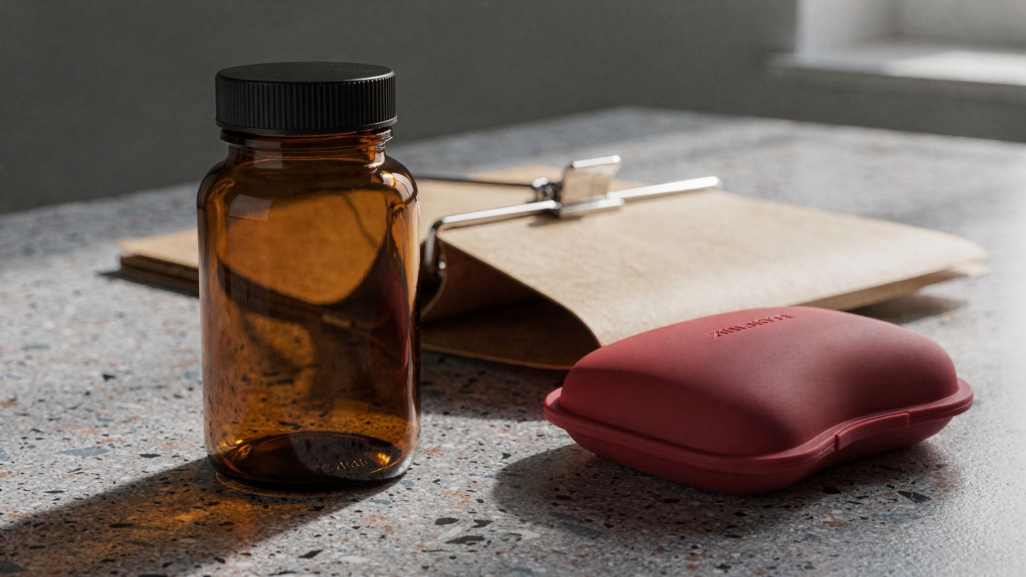 An amber glass medicine bottle and a manila document folder secured with a steel clip sit on a speckled bedside tray in soft morning light.