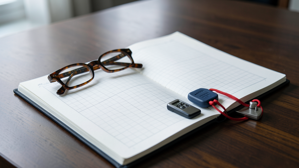 An open cloth-bound logbook rests on an oak desk next to a navy security key fob, tortoiseshell glasses, and a stainless steel tally counter.