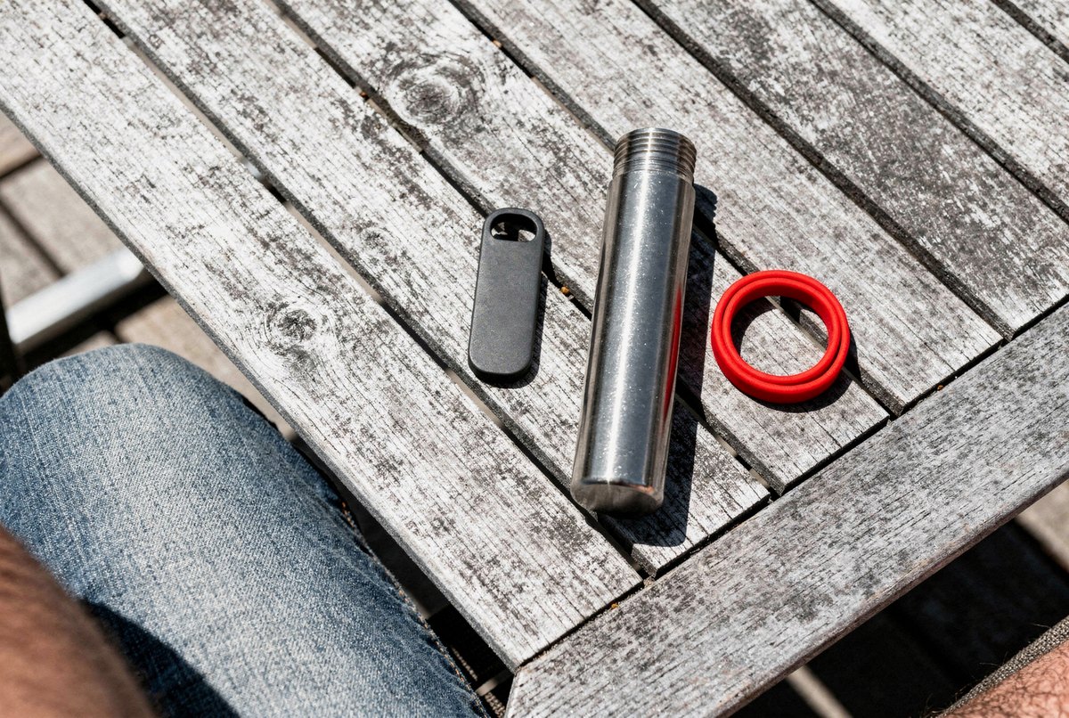 First-person perspective looking down at a weathered teak table holding a hardware security token and an aluminium document cylinder under harsh midday sun.