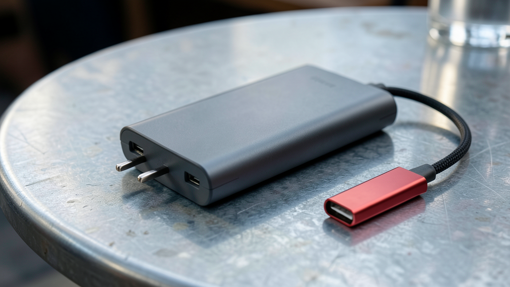 A universal travel plug adapter and aluminium power bank connected by a short cable on a zinc table beside a red USB drive.