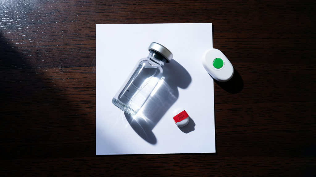 An insulin vial, a CGM sensor applicator, and an insulin pump pod arranged on a dark wooden desk with a white paper underneath, lit from above left.