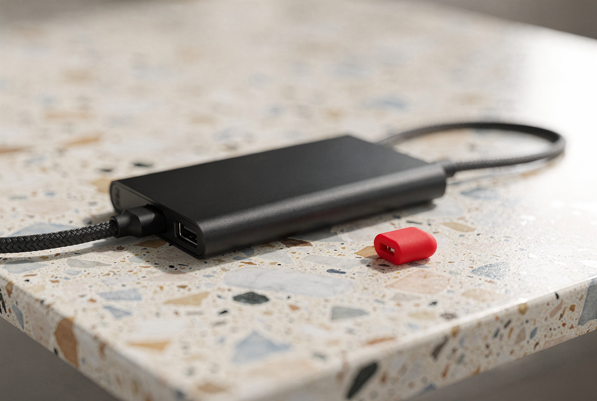 A slim black external hard drive and short connector cord resting on a pale terrazzo surface with a detached red silicone port plug.