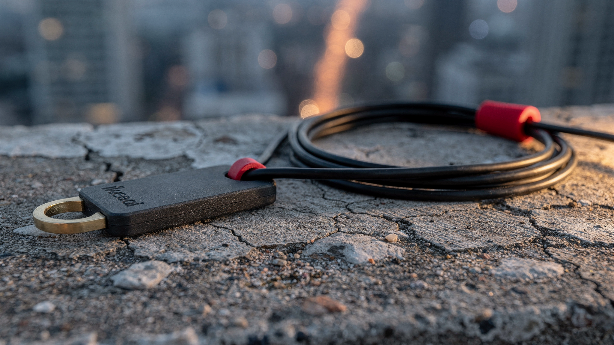 A hardware security key fob and a slim black patch cable with a red boot resting on a textured concrete ledge against a soft twilight background.