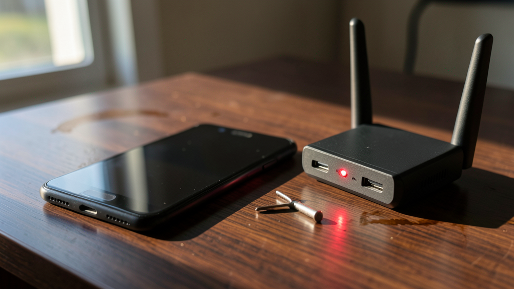 A black smartphone face down on a desk with its SIM tray removed, next to a travel router with antennas, and a SIM eject pin between them.