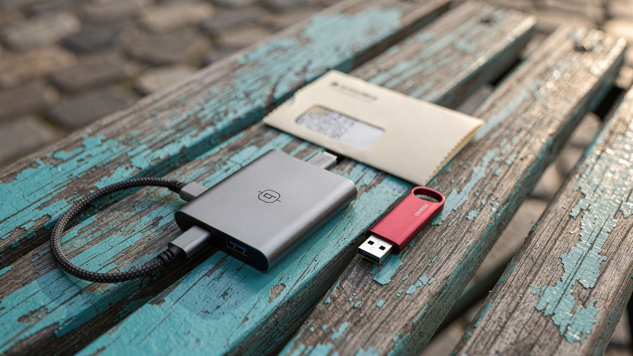An aluminum USB travel hub, crimson flash drive, and activation card resting on a weathered painted wooden cafe bench.