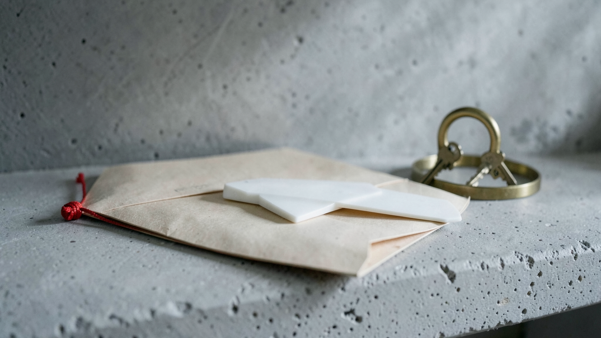 A thick manila document envelope with a red string closure sits beside a brass key ring and a bone creasing tool on a concrete surface.