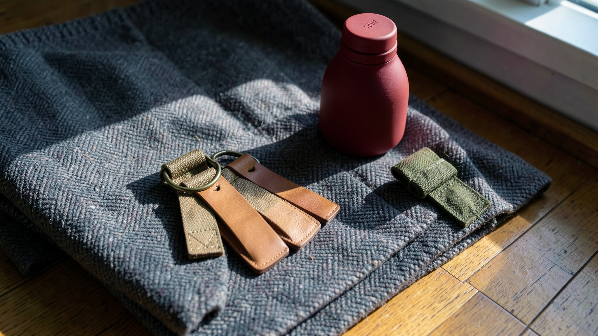 Three leather luggage tags, an olive canvas strap, and a small red child-sized water bottle resting on a folded grey wool blanket.