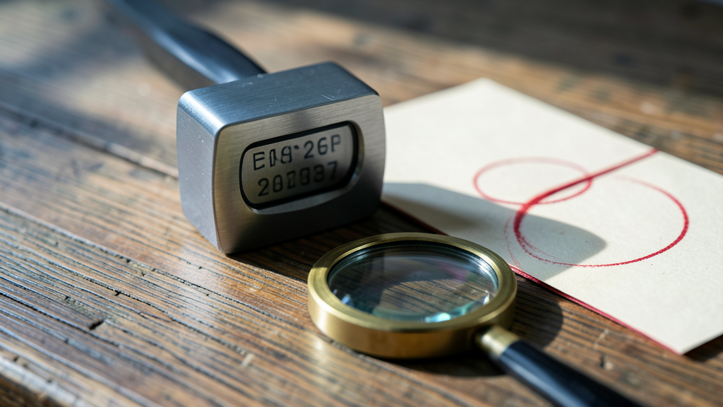 A manual metal date stamp, a cardstock tab divider with a red reinforcement ring, and a brass loupe on an oak desk.
