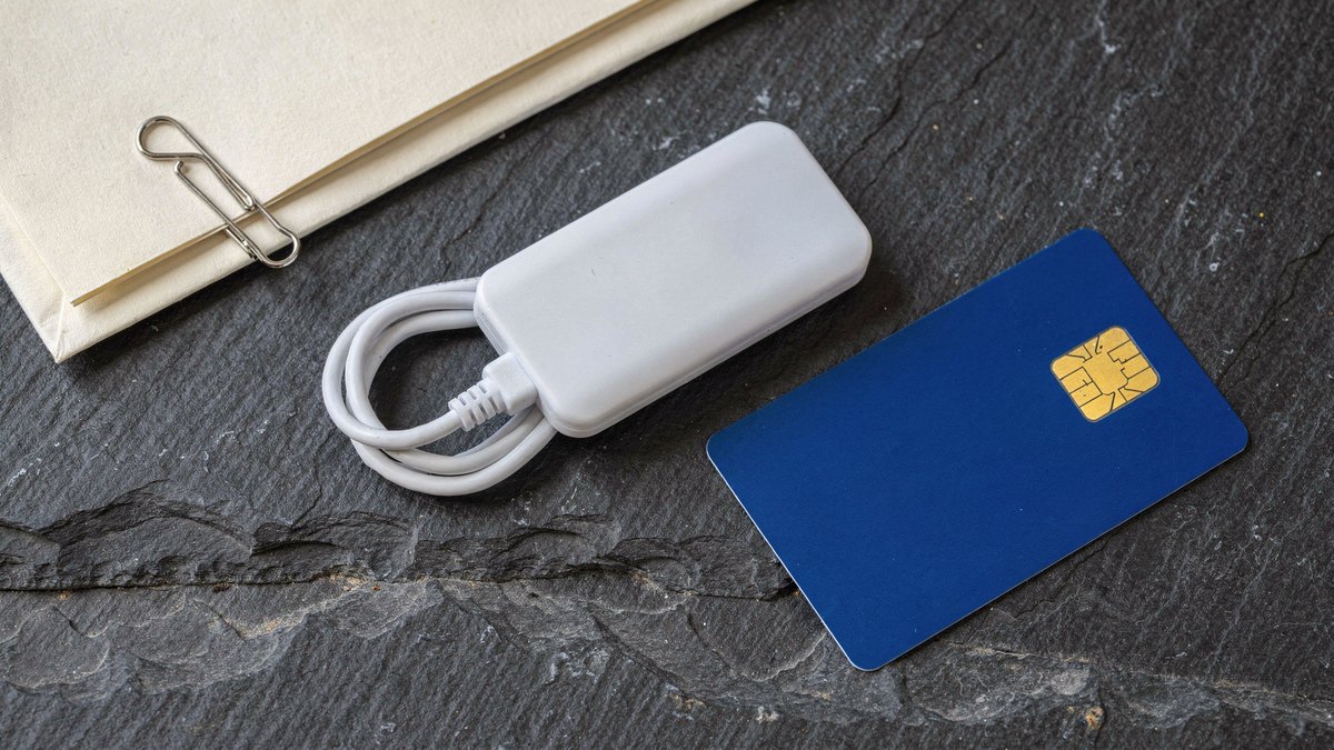 A white USB smart card reader and a cobalt blue smart card with gold microchip contacts rest on a charcoal slate stone surface alongside clipped cream documents.