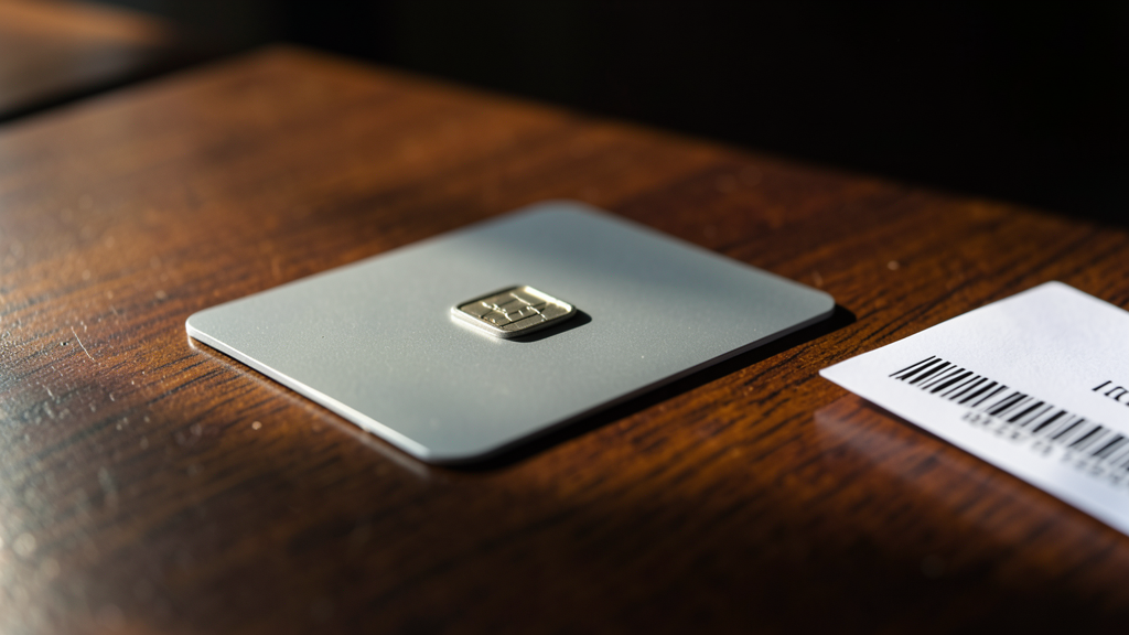 A close-up of an Italian residence permit card with a metallic chip on a wooden desk, next to a barcode receipt.
