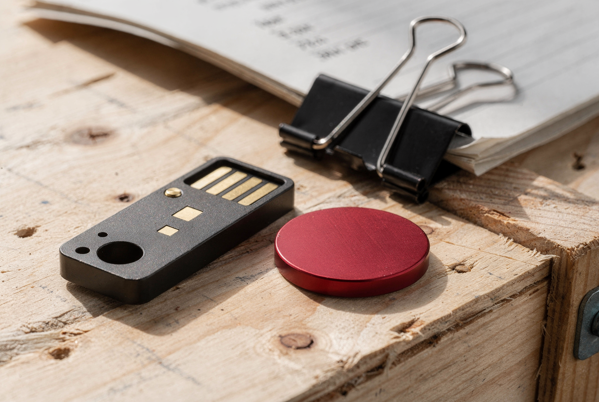 A hardware security key, an anodized red keytag, and a steel binder clip resting on an unfinished plywood surface.