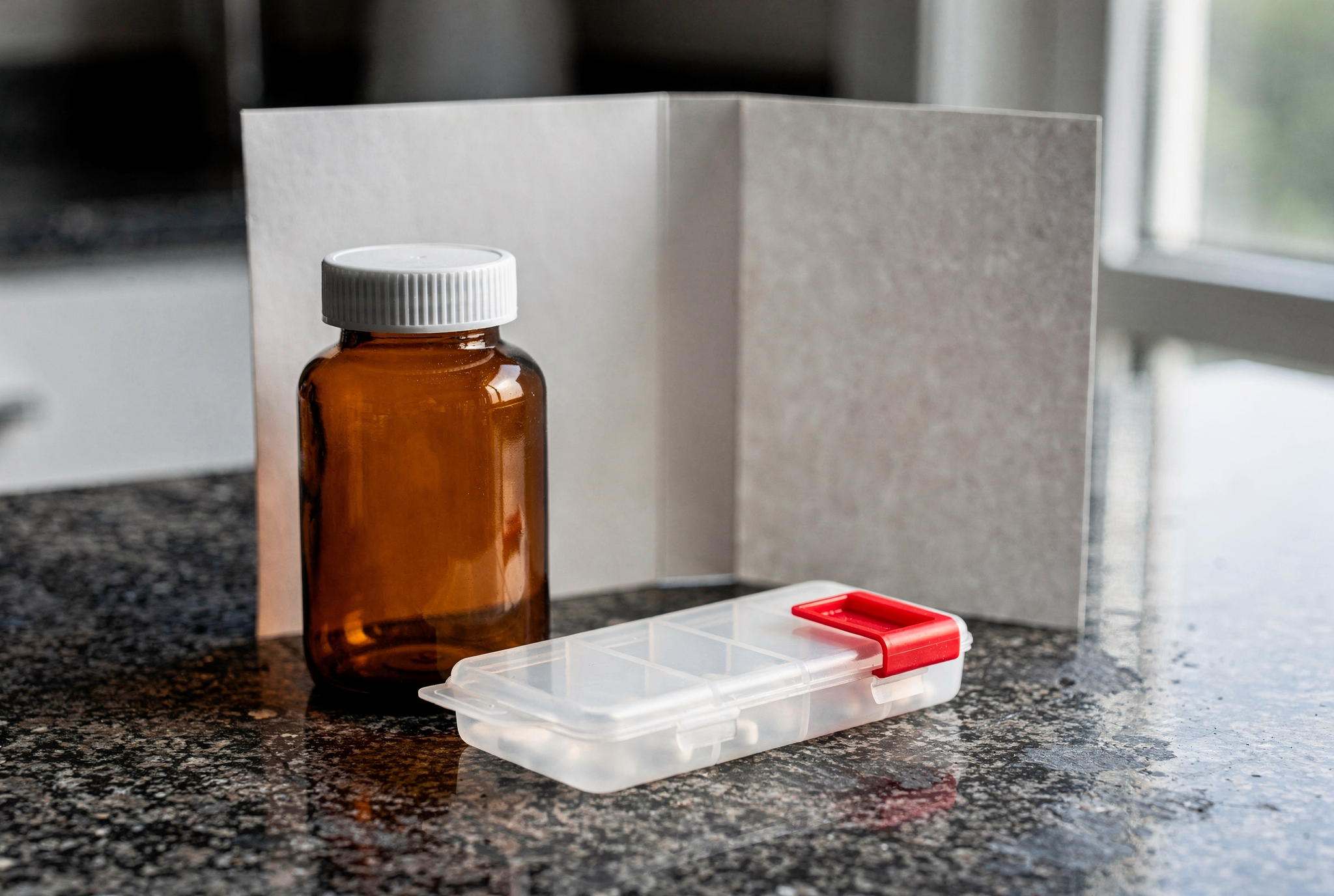 An amber glass medicine bottle and a weekly pill organiser with a red latch rest on a polished speckled granite kitchen counter.
