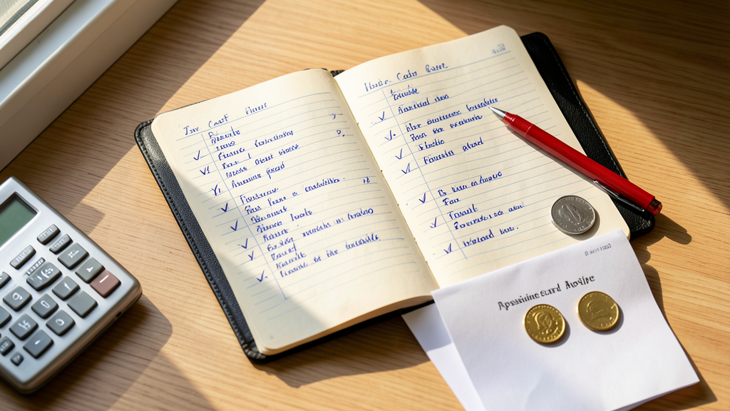 A notebook with handwritten notes, a calculator, a silver coin, and a document with a gold seal on a wooden desk.