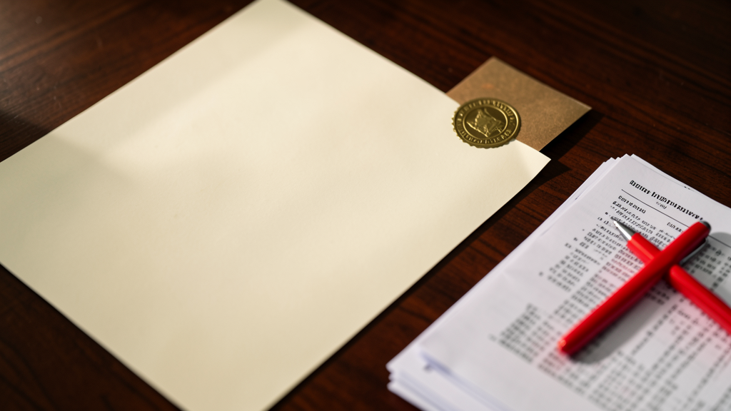 A document with an embossed apostille seal on a wooden desk, with a stack of papers and a red pen.