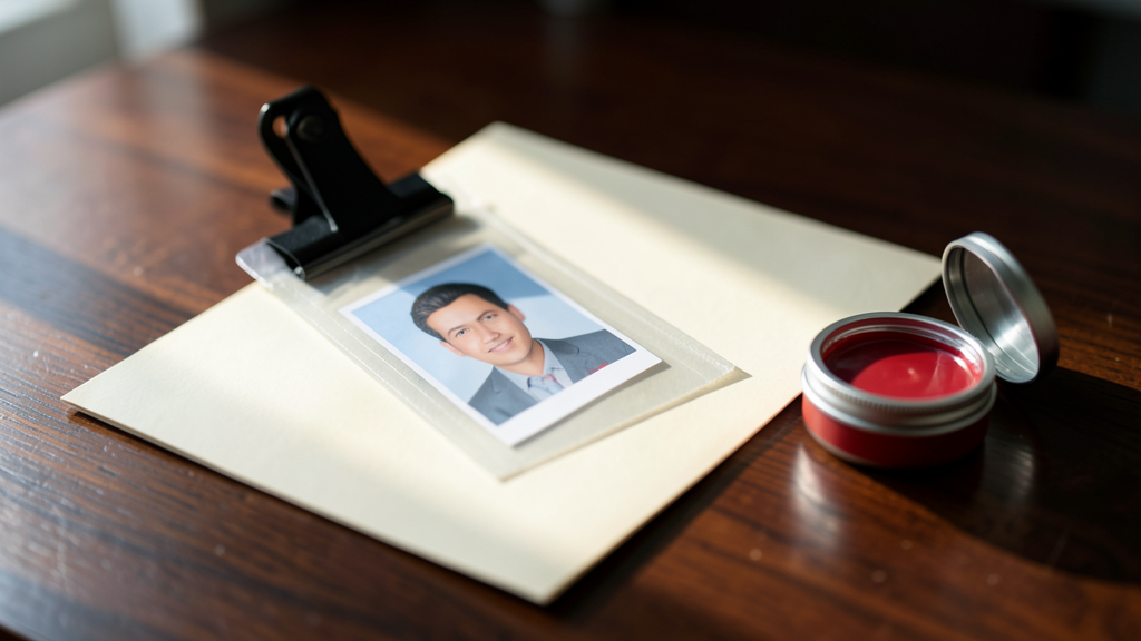 A pair of ID photos in a glassine sleeve clipped to paperwork next to an open red ink stamp pad on a dark wooden desk.