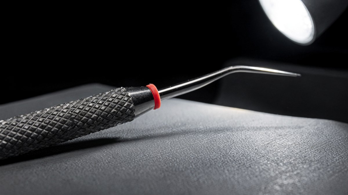 Extreme macro photograph of a stainless steel dental instrument handle with a red marker ring on a dark silicone tray under harsh single-source night lighting.