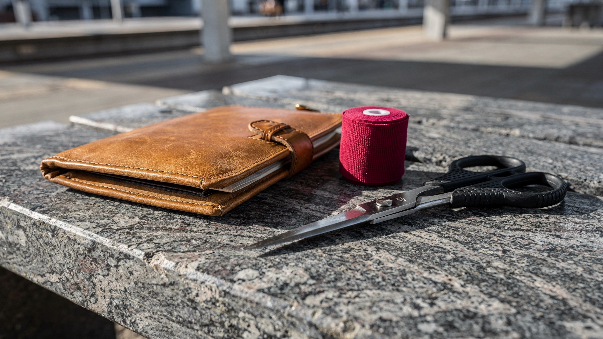A weathered leather pouch, a red elastic bandage roll, and blunt stainless steel medical shears rest on a grey granite bench.