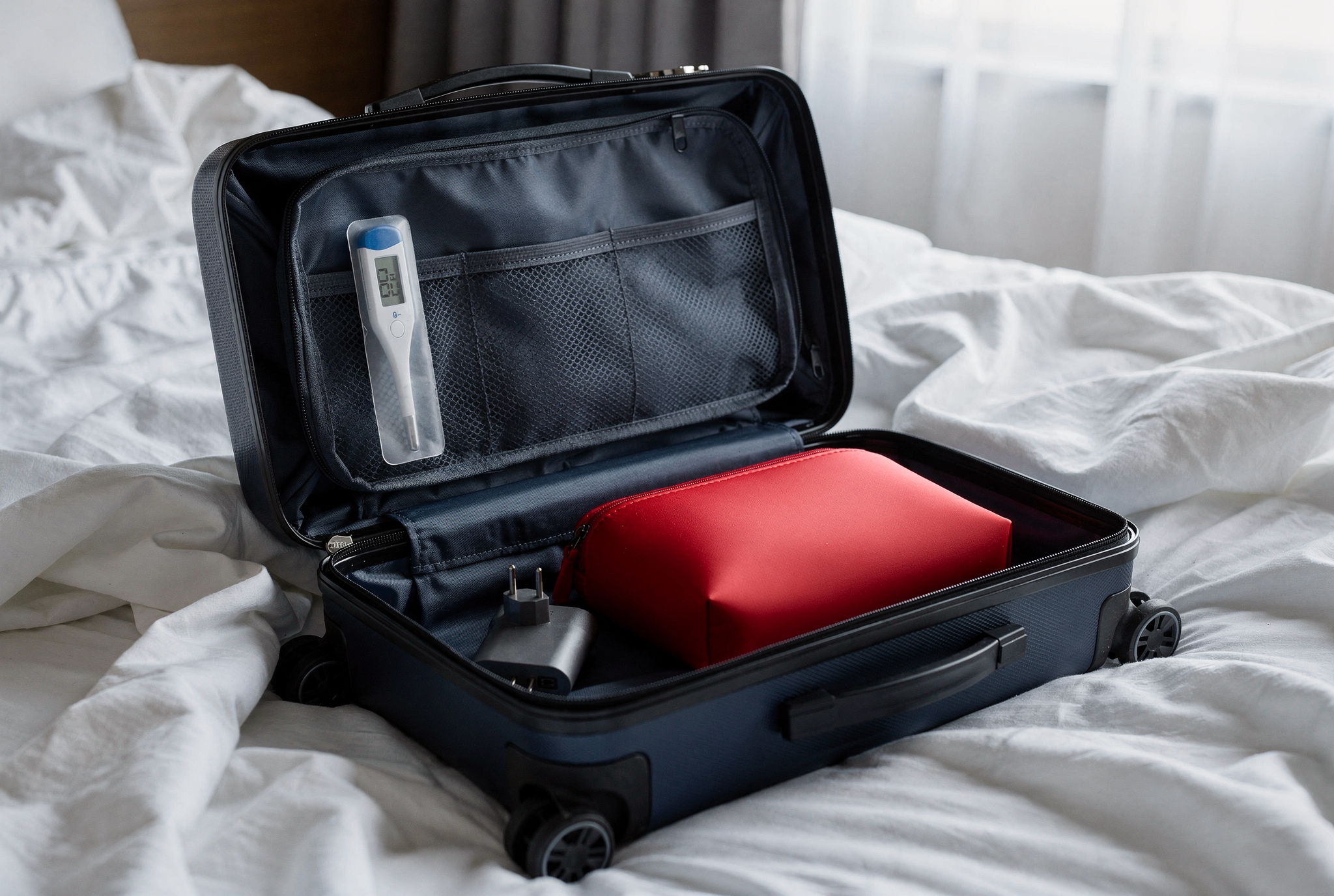 An open navy blue carry-on suitcase sits on a white linen hotel bed containing a travel adapter, a digital thermometer, and a red silicone pouch.