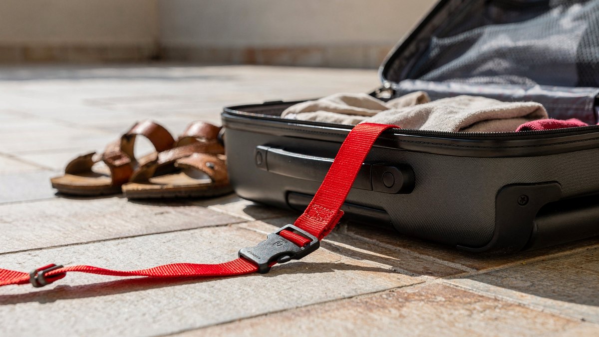 An open, half-packed suitcase sits abandoned on a sunlit tiled balcony next to a red strap and sandals.