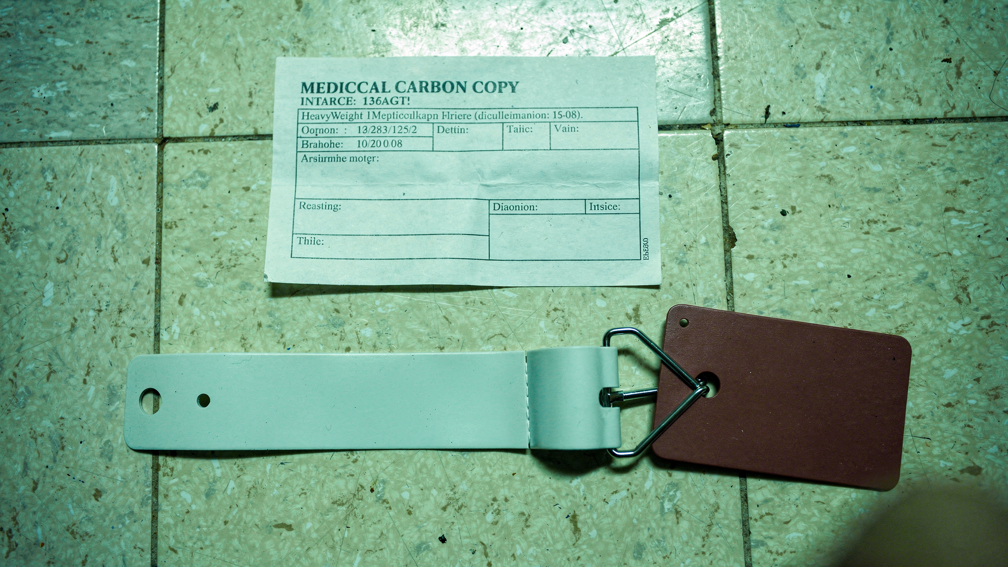 A top-down view of a clinic wristband, carbon intake form, and a red triage tag on green linoleum floor under fluorescent lighting.