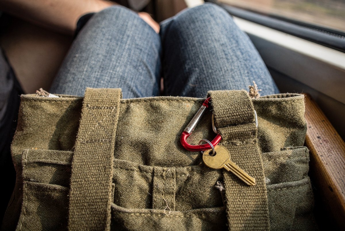 A first-person view looking down at a seated traveler's lap with an olive canvas bag clipped with a small red carabiner next to a train window.
