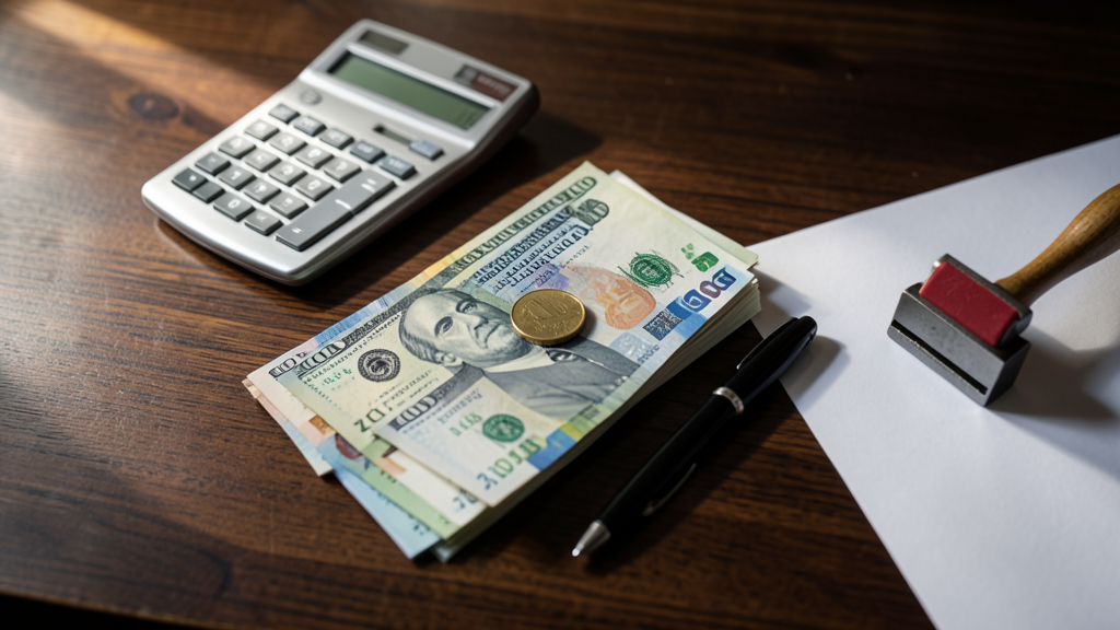 A stack of foreign banknotes, a calculator, a pen, and a red stamp on a wooden desk.
