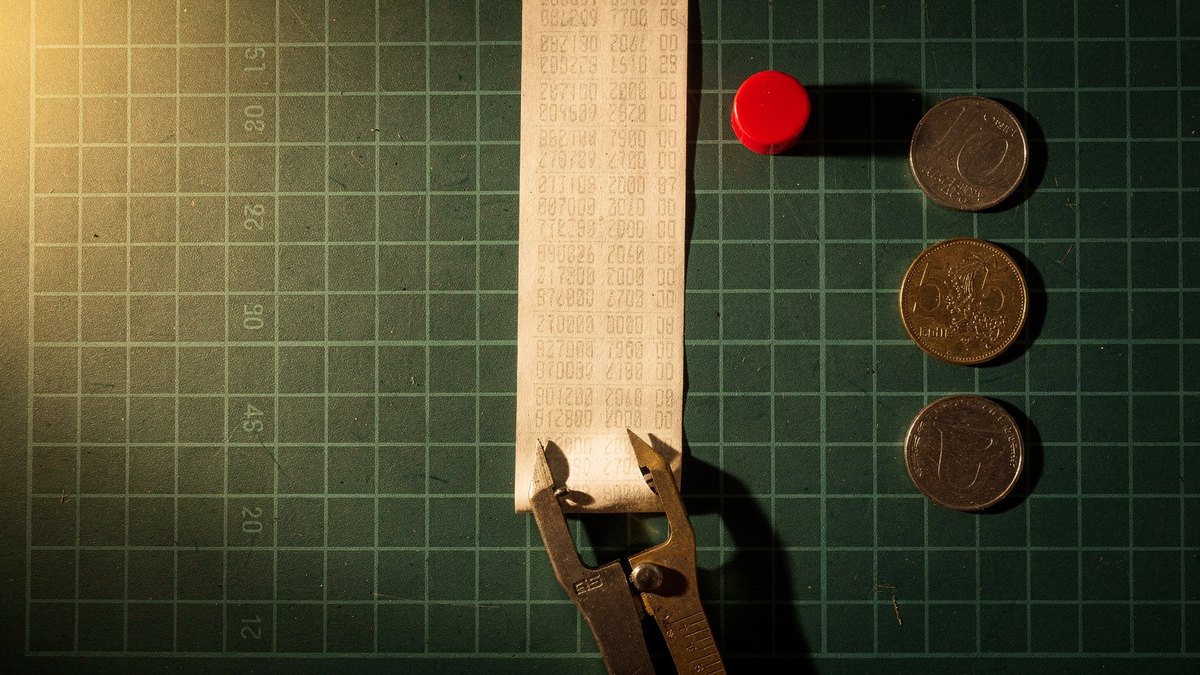A flat lay view looking straight down at a paper tally roll, brass divider calipers, metal coins, and a red token aligned on a cutting mat in raking golden sunlight.