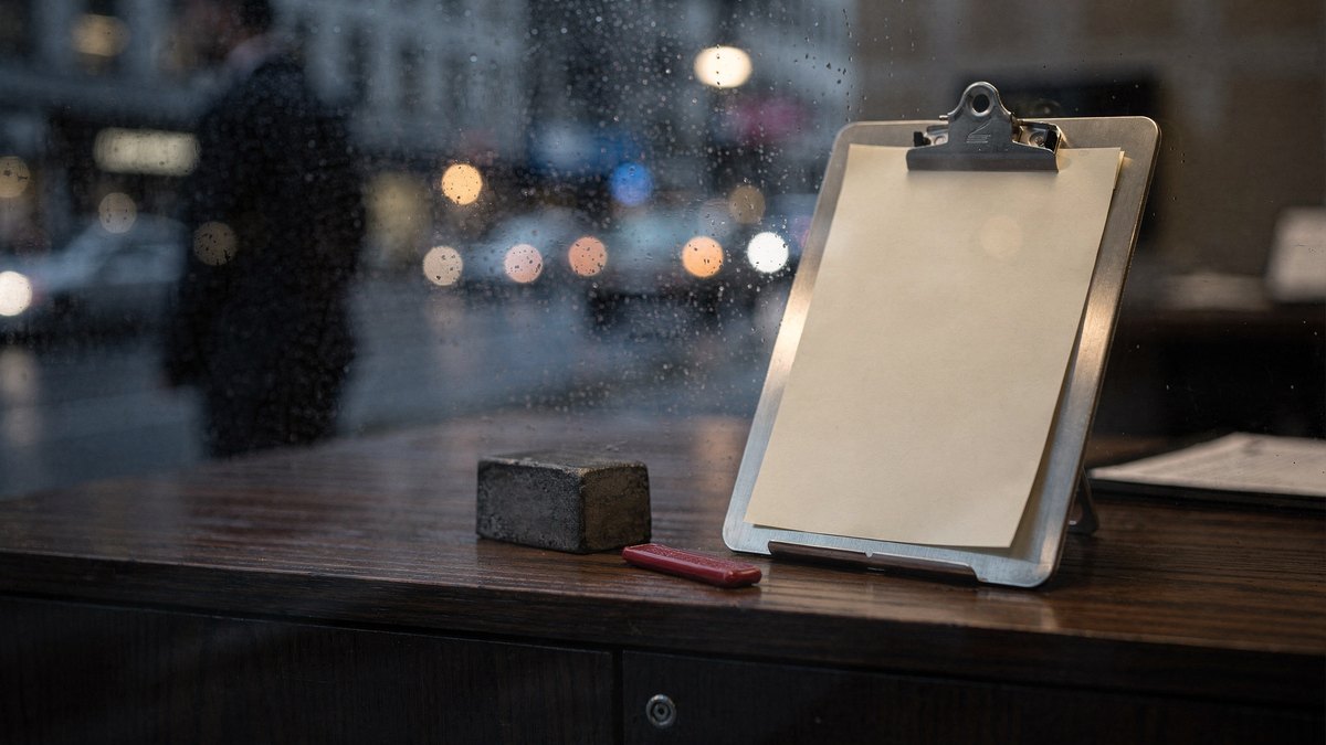 An aluminum clipboard and dark paperweight viewed through a misted plate glass window in deep blue twilight.